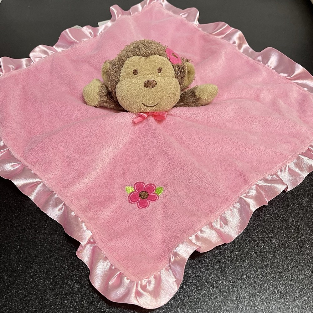Small Wonders Baby Blanket Pink Monkey Flower Rattle Lovey Security Satin Ruffle